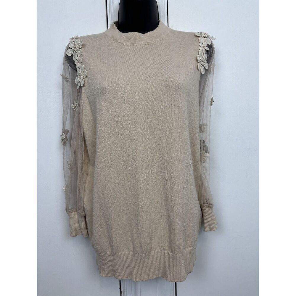 Twelfth Beige womens Knit sweater sheer tulle floral Applique long sleeve medium